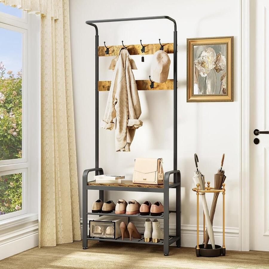 Coat Rack Stand Shoe Storage Industrial Hall 7 Hooks Freestanding Rack Sofa Entrance Storage Shelf Hallway Living Room Bedroom Metal Frame Rustic Brown by YITAHOME halmeubel met kapstok