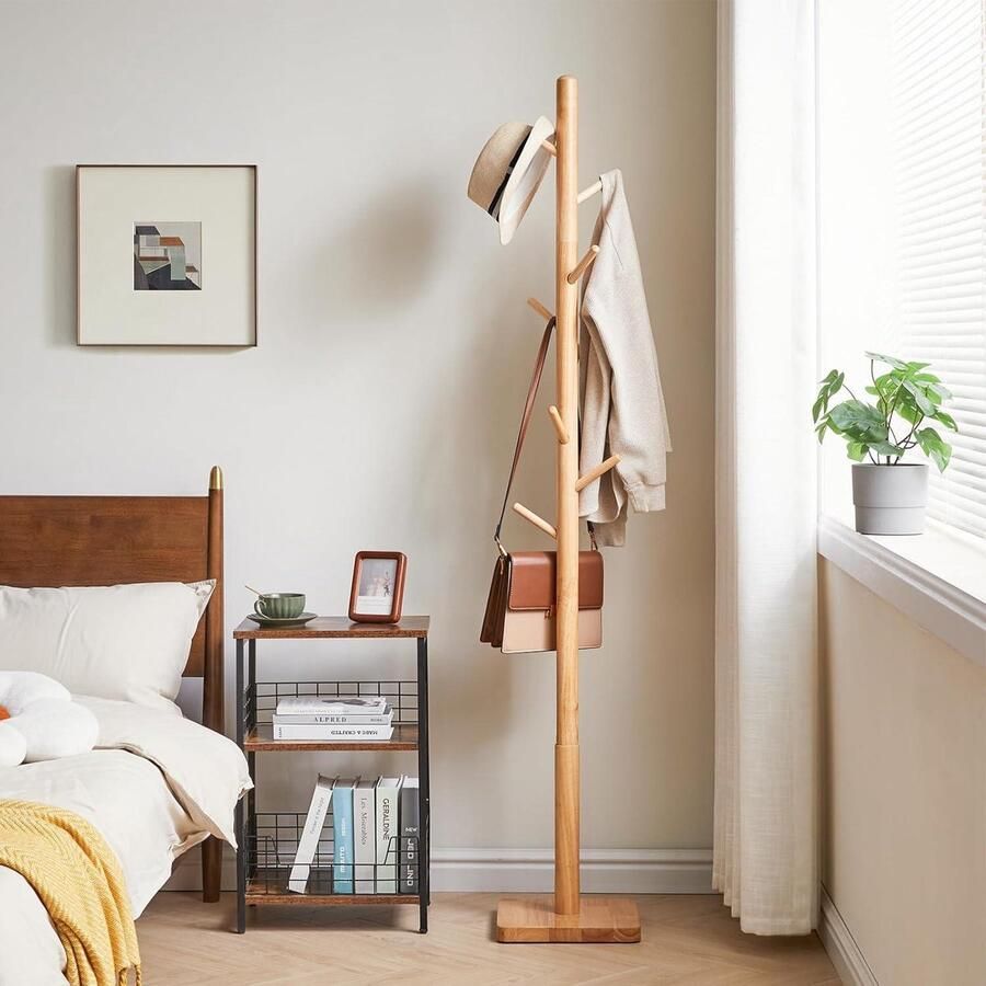 Coat Rack Stand Square Base Wooden Coat Rack Freestanding 8 Hooks Clothes Stand Jackets Hat Handbag Umbrella Office Hallway 29 x 29 x 176 cm Natural halmeubel met kapstok