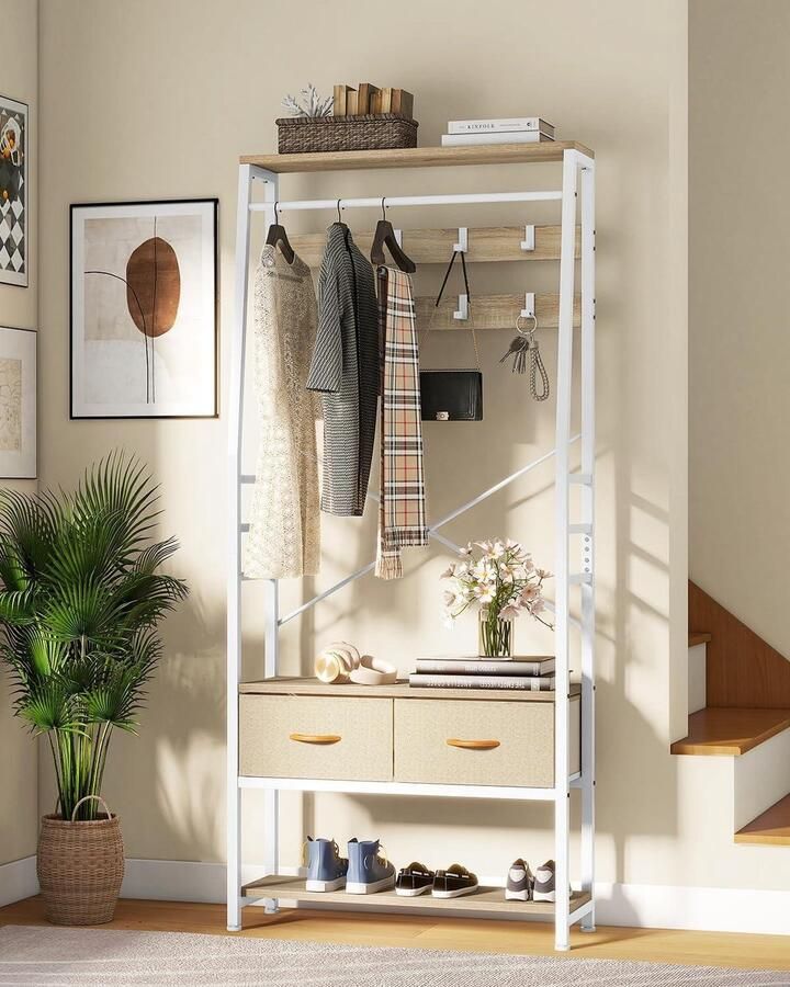 Coat Rack Stand with Shoe Storage Standing Hallway Tree with Sofa and 2 Folding Drawers Industrial Coat Rack with 8 Hooks for Hallway Living Room Bedroom Metal Frame Beige halmeubel met kapstok