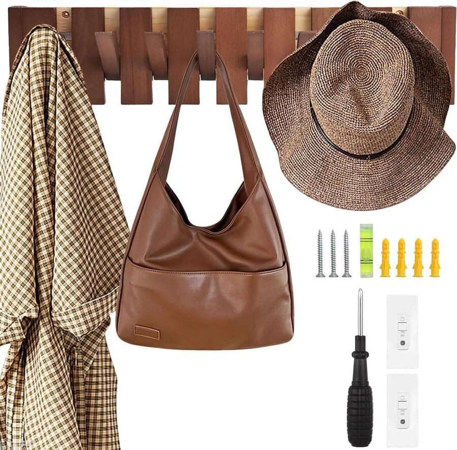 Coat Rack Wall Mounted Natural Wood Folding Wall Hooks Entrance Wall Hooks Rack 8 Hooks for Hanging Coats Keys Clothes Bathroom