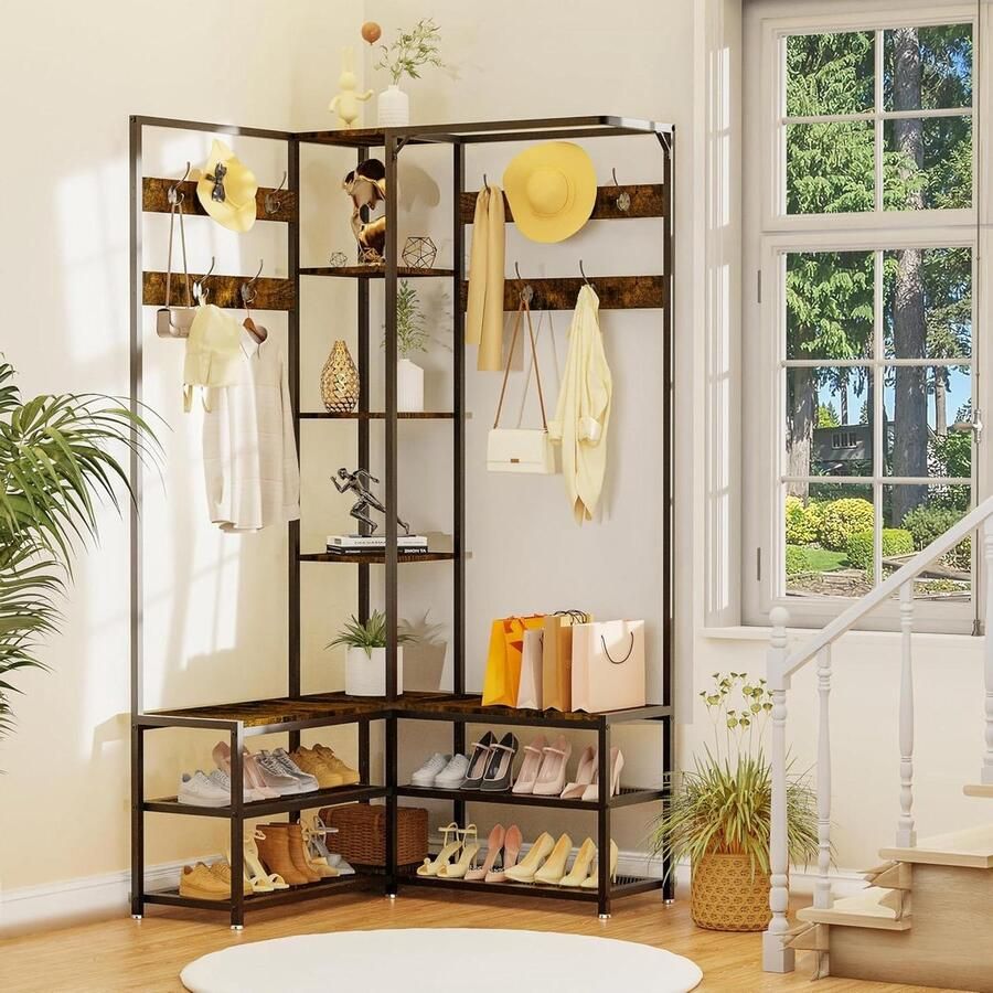 Coat Rack with 10 Hooks and Shoe Rack for Hallway and Open Wardrobe Space Saving Industrial Design 146 x 30 x 178.5 cm halmeubel met kapstok