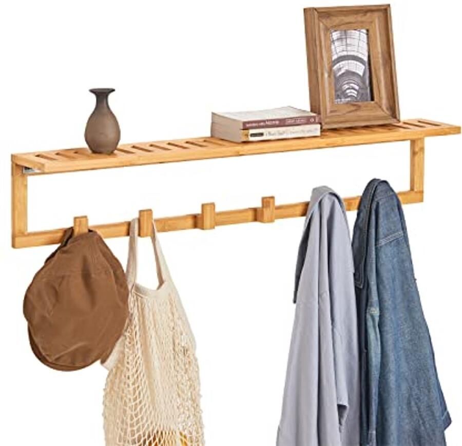 Coat Rack with Shelf Durable Bamboo 6 Hooks for Bathroom and Entrance