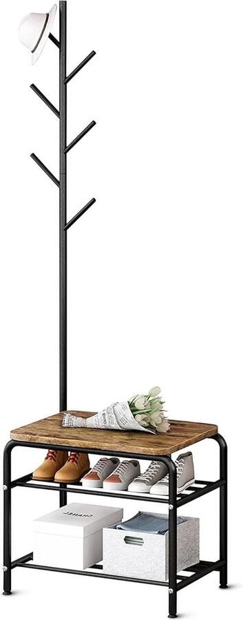 Coat rack with shoe bench entrance furniture shoe rack with wardrobe 3 shelves 177 cm black wood halmeubel met kapstok