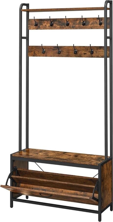Coat rack with shoe cabinet and bench clothes rack shoe tipper 9 hooks top shelf for hallway bedroom industrial design vintage brown-black HSR405B01