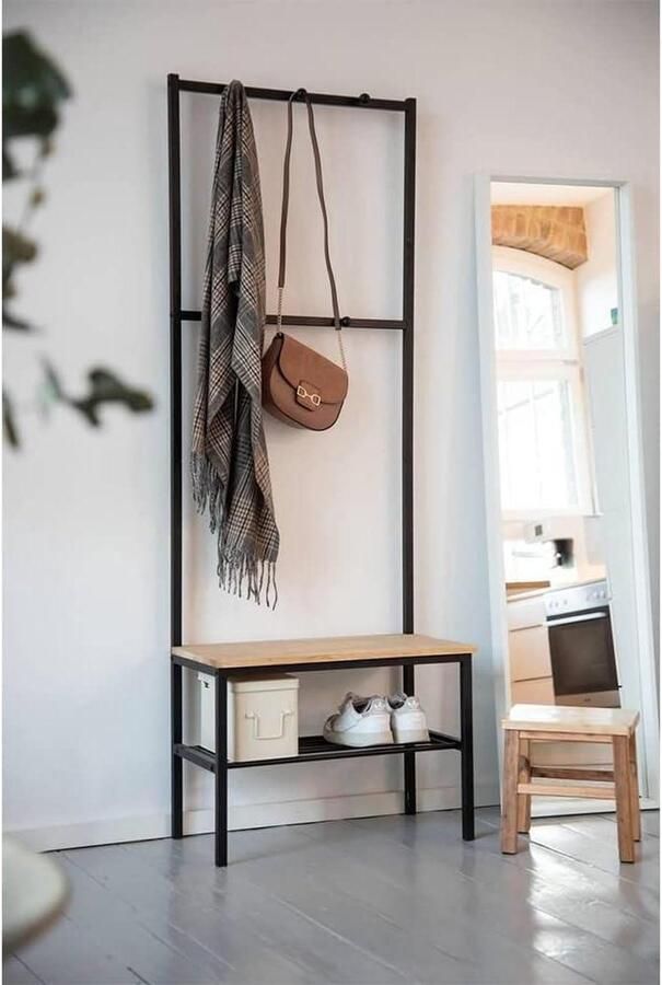 Coat Rack with Shoe Rack Industrial Design 59 x 165 x 30 cm Black-Brown Pine Wood Metal halmeubel met kapstok