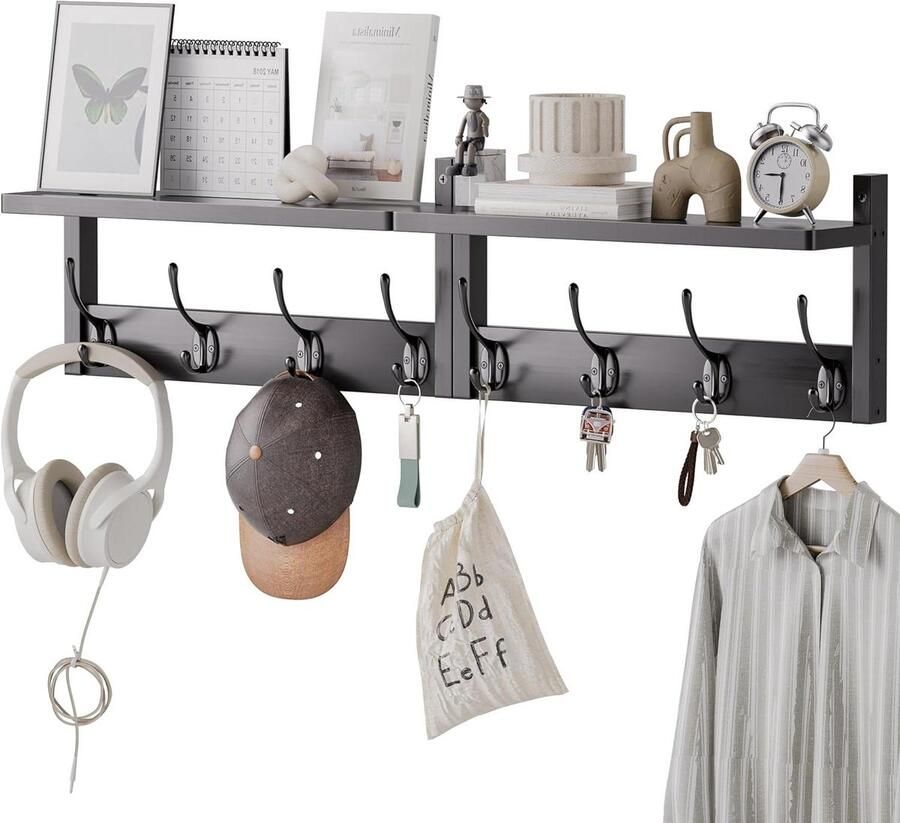 Wall Mounted Coat Racks with Shelf Set of 2 Bamboo Coat Racks with 8 Hooks For Hallway Kitchen Bathroom Living Room Utility Room (Black)