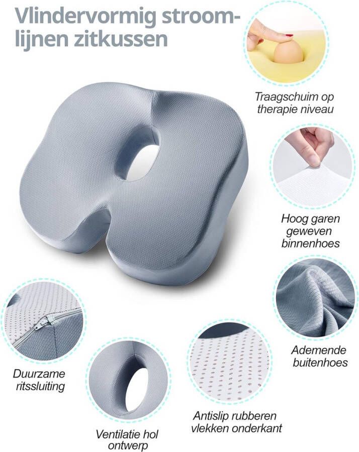 Coccyx Orthopedisch Zitkussen voor Ischias en Aambeien Verlichting en Iage Rugpijn Traagschuim Antislip Zitkussen voor Auto Rolstoel Bureaustoel (Grijs)