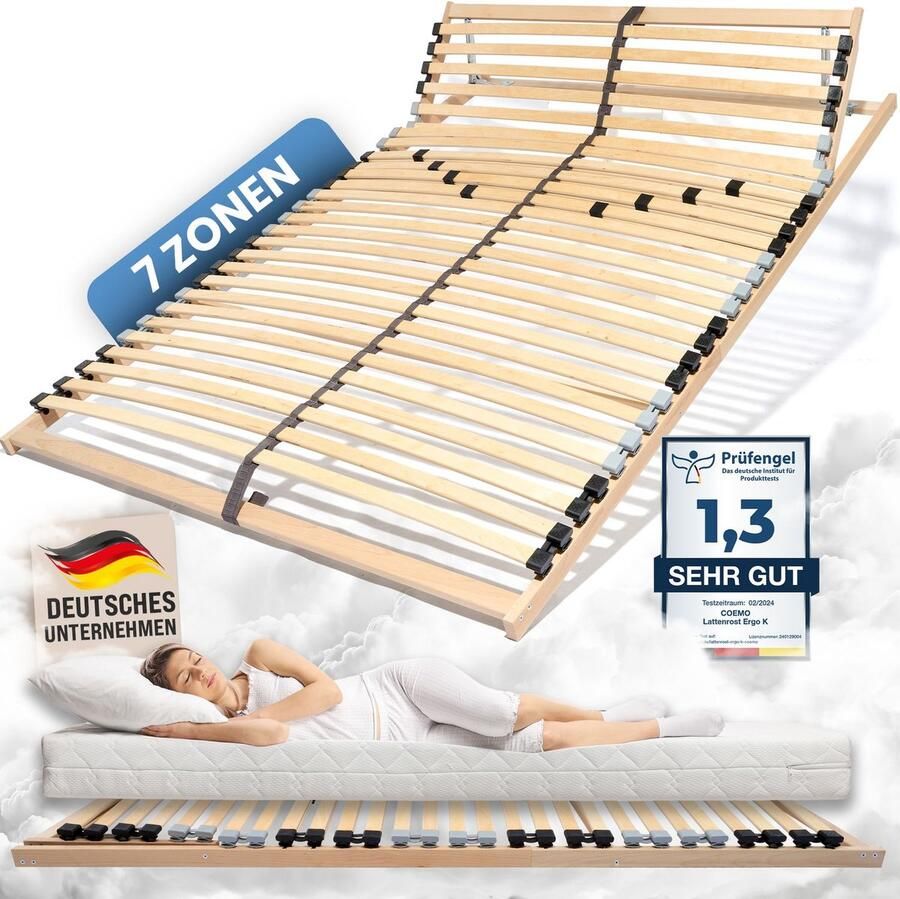 Coemo 7-zone lattenbodem 140 x 200cm Ergo lattenbodem verstelbaar hoofdbord beuken frame 28 latten bedframe geschikt voor ledikant geschikt voor alle matrassen