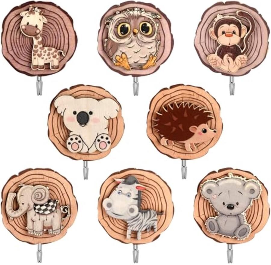 Collazoey Set van 8 kinderkapstokhaken zelfklevende houten haken diervormige kapstokhaken voor kinderen diervormige houten muurhaken voor badkamer kinderkamer keuken handdoeken hoeden (B)