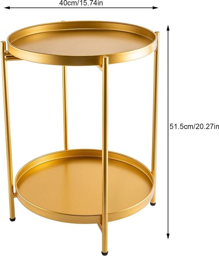 Collox Bijzettafel Rond 2 laags Opvouwbaar Met verwijderbaar dienblad Woonkamer Slaapkamer Goud 40 x 40 x 51 5 cm