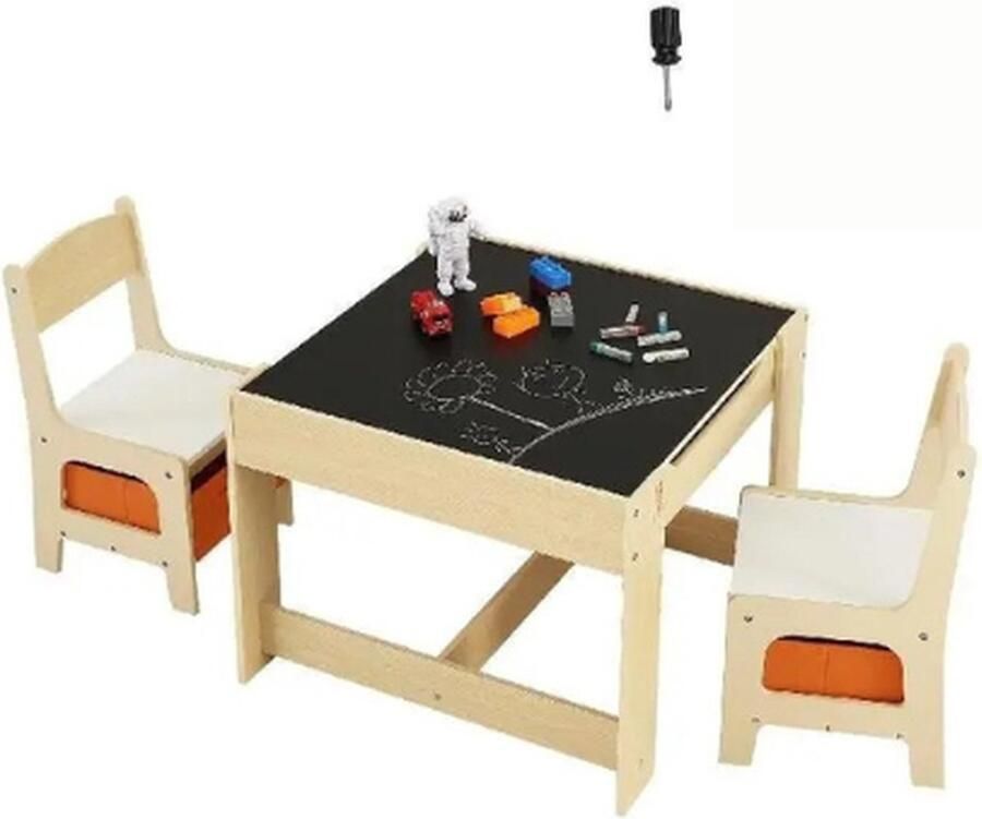Collox Houten kindertafel met 2 stoeltjes Kindermeubels Activiteitentafel met opbergruimte en dozen Speeltafel met krijtbord 610x610x483 mm Light Wood