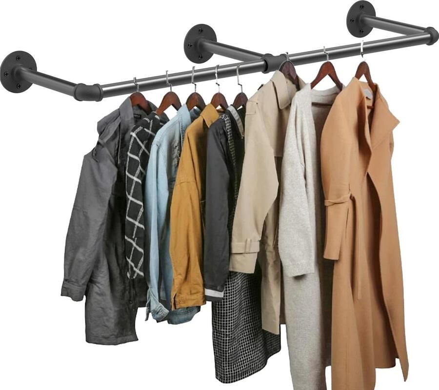 Collox Kledingstang Kledingrek Pijp voor kleding Industrieel Wand gemonteerd Hangende staaf voor kleding Zwart 3 lengtes mogelijk Grootste lengte 180 cm