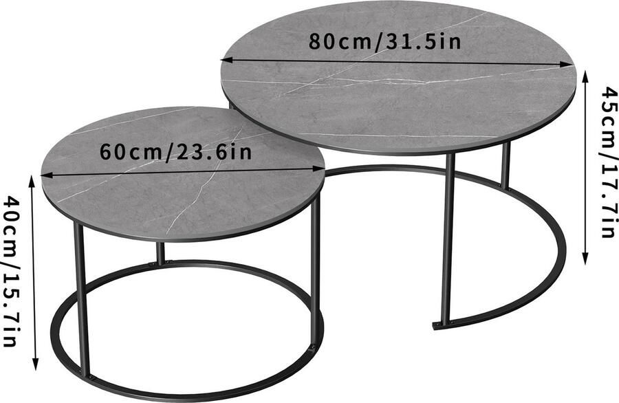 Collox Marmeren salontafels Ronde tafels Bijzettafel Accenttafel Met metalen poten Set van 2 Afmetingen grote tafel 80 x 45 cm Afmetingen kleine tafel 60 x 40 cm