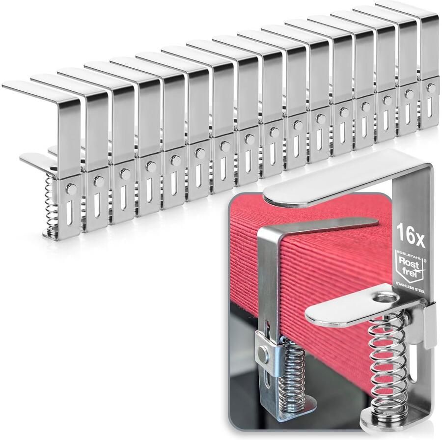 Com-four 16x Premium tafelkleedklemmen van roestvrij staal tafelklemmen met veer voor tafels met een dikte van 2 7-5 cm tafelkleedklem roestvrij voor binnen en buiten