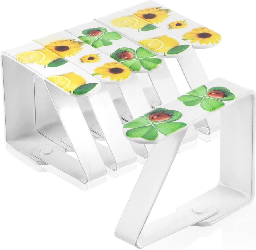 Com-four 6x tafelkleedklemmen met motieven tafelklemmen met citroenen klaverbladeren en zonnebloemen tafelkleedklemmen voor binnen en buiten