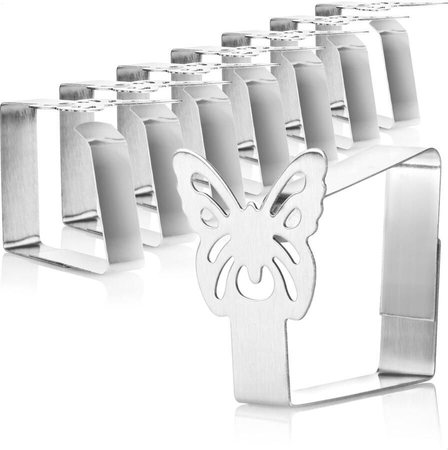 Com-four 8x Premium tafelkleedklemmen van roestvrij staal Tafelkleedhouder voor tafellinnen Tafelklemmen voor binnen en buiten met decoratie Moderne tafelklemmen Metalen klemmen (8 stuks vlinder)