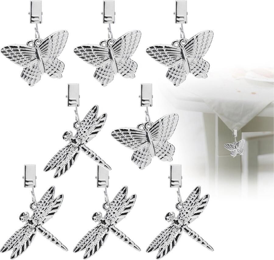 Com-four 8X tafelkleedgewichtjes in de vorm van libellen en vlinders tafelkleedklemmen elk ca. 35 g tafelkleedklemmen (zilverkleurig)