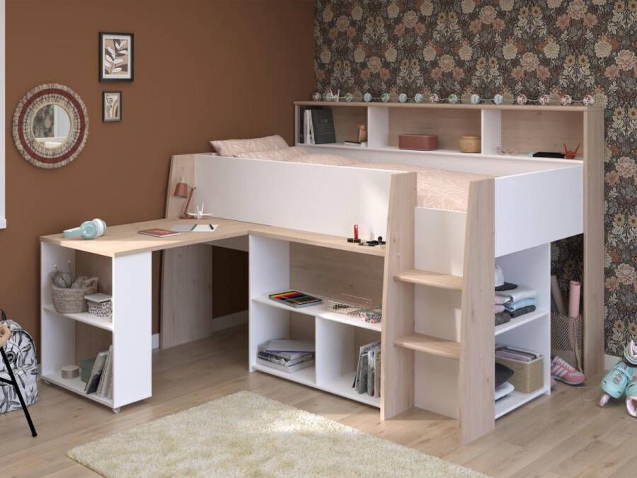 Parisot Vente-unique Combinatiebed – 90 x 200 cm – Met bureau en opbergruimte – Wit en houtlook – APOLINO L 208.4 cm x H 139.9 cm x D 133.3 cm - Foto 3