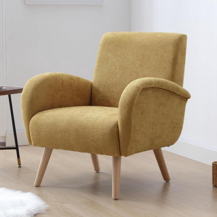 Faux Fur Fauteuil – Comfortabele Lounge Stoel met Armleuningen – Gestoffeerde Stoel met Houten Poten – geel – Voor Woonkamer of Slaapkamer