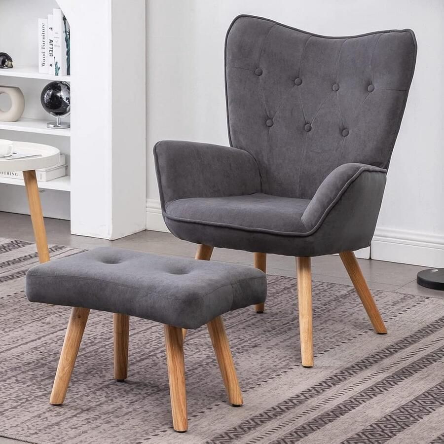 Comfortabele Fauteuil met Voetenbank Donkergrijs Fluwelen Leesstoel en Relaxstoel voor Woonkamer en Slaapkamer