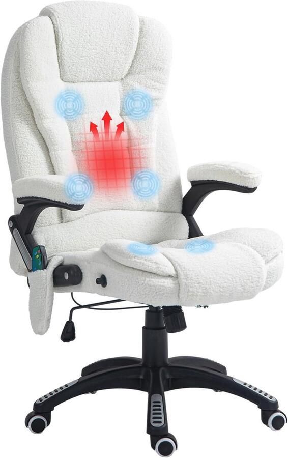 Comfortabele Massage Bureaustoel met Verwarmingsfunctie en Ligfunctie Verstelbare Draaistoel met Voetensteun in Teddyfluweel Witte Kantoorstol