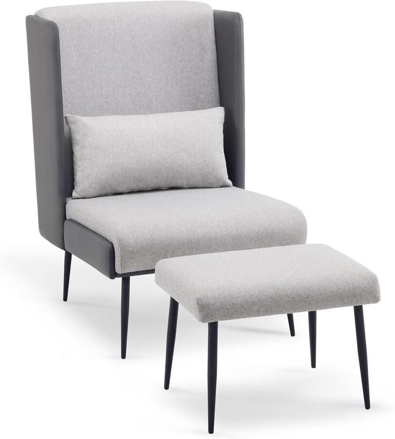 Comfortabele Oorfauteuil met Kruk Relaxstoel voor Woonkamer en Leeshoek Moderne Loungestoel in Grijs