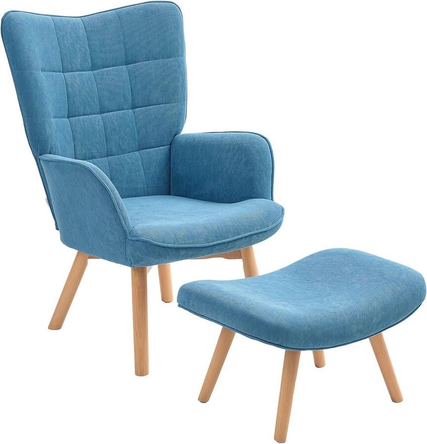 Comfortabele Oorfauteuil met Poef Blauw Corduroy voor Woonkamer