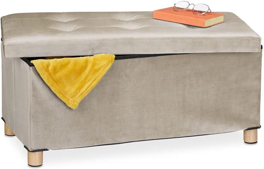 Dekenkist Opbergbank zacht fluweel opbergbank houten poten opvouwbare bank opslagruimte HBD 34x76x38 cm creme Dekenkist