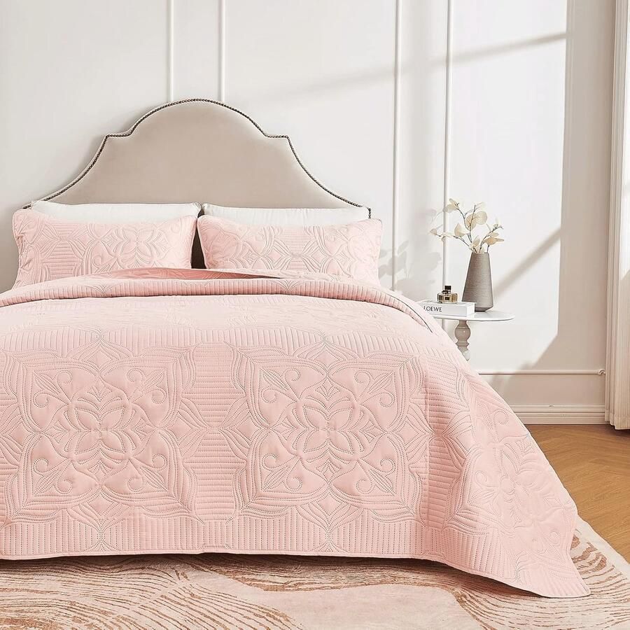 Comfortabele Roze Sprei met Bloemenmotief voor Tweepersoonsbed 220 x 240 cm Inclusief 2 Kussenslopen