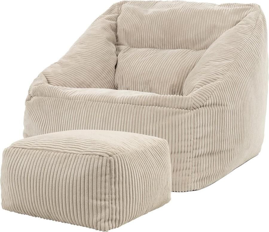 Comfortabele Zitzak Fauteuil met Hocker in Beige Corduroy Stoffen Bean Bag voor Woonkamer en Slaapkamer