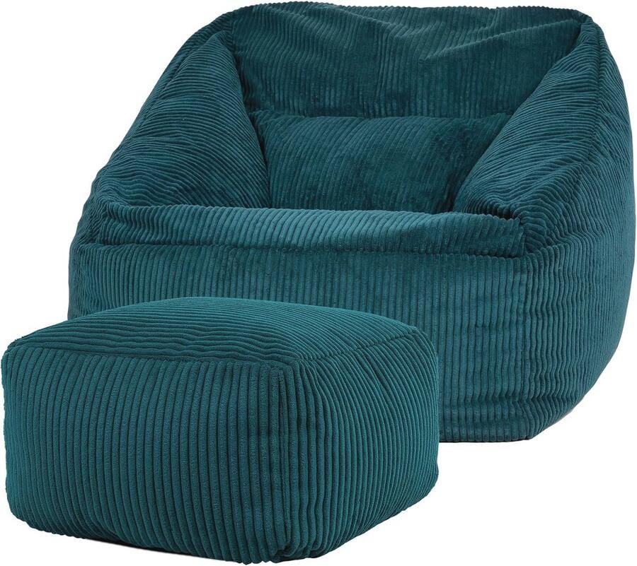 Comfortabele Zitzak Fauteuil met Hocker in Blauwgroen Perfecte Stoel voor Woonkamer en Slaapkamer