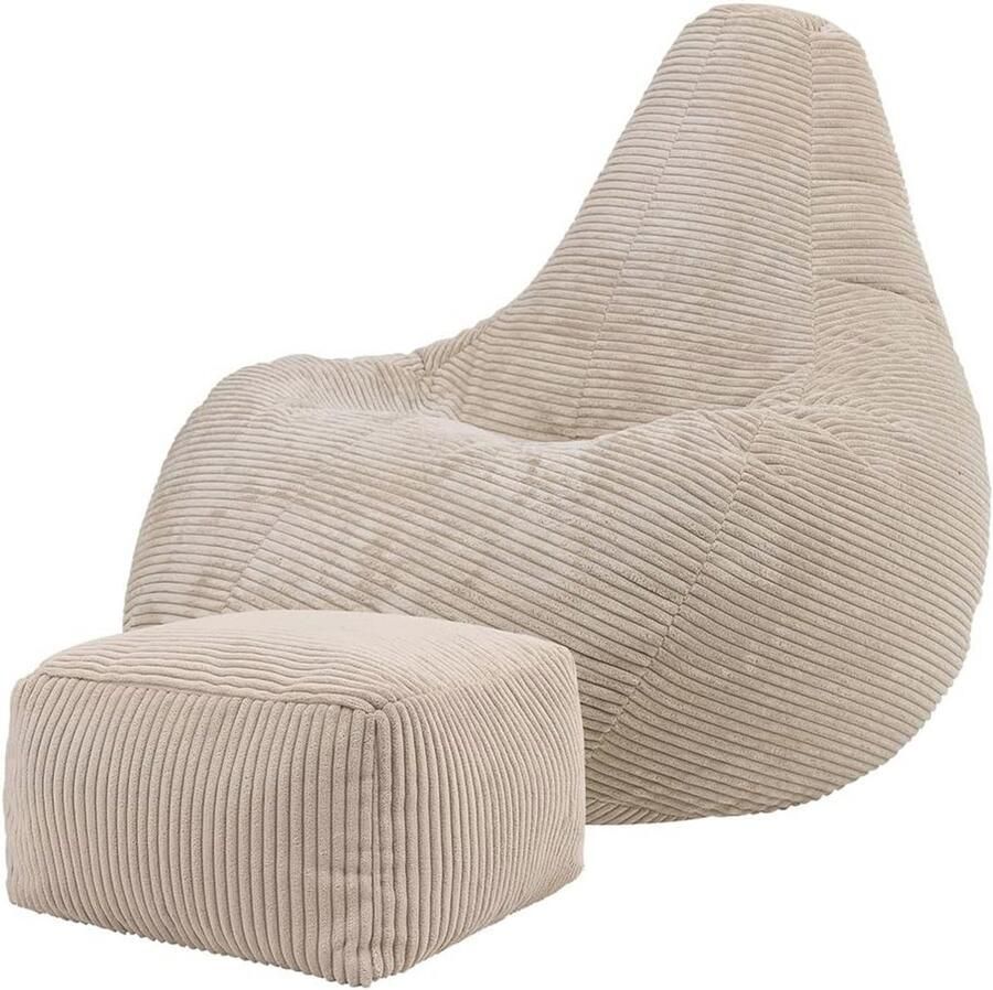 Comfortabele Zitzak met Hocker in Beige Corduroy Perfect voor Woonkamer en Slaapkamer