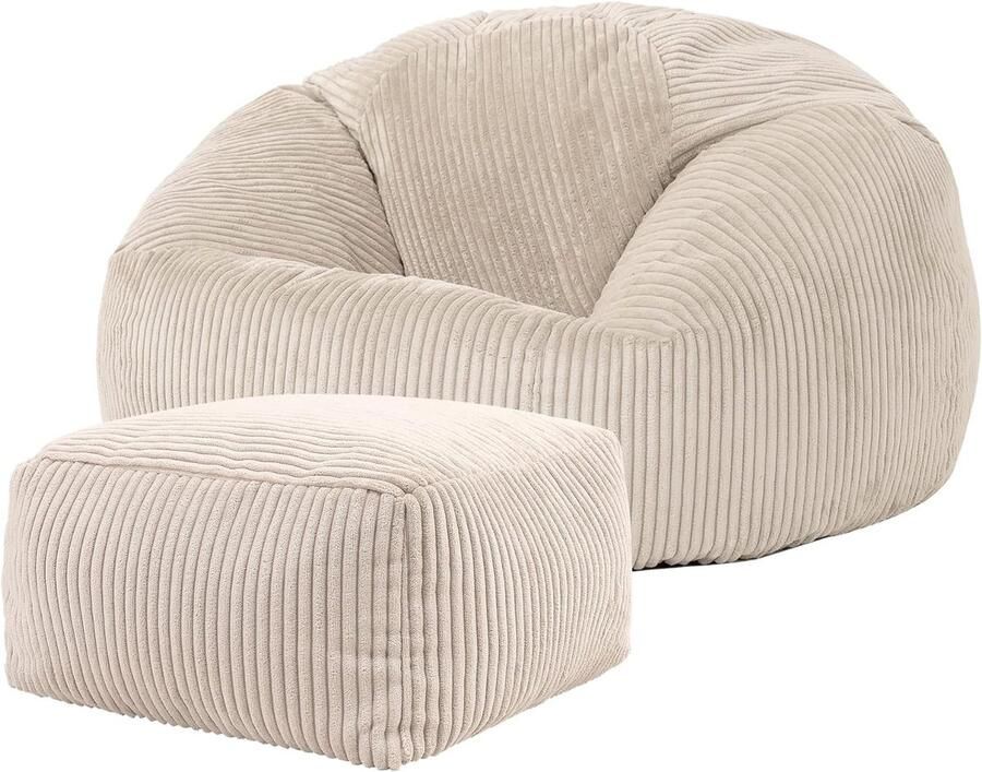 Comfortabele Zitzak met Hocker in Beige Corduroy Slaapkamer en Woonkamer Meubilair