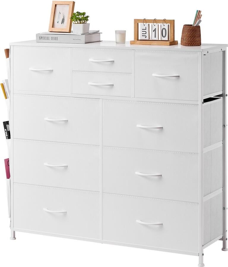 Commode met 10 Laden Van Stof Opbergtoren met Gemakkelijk Te Trekken Handgrepen En Stalen Frame Kastorganizer voor Slaapkamer Gang Kinderkamer Wit