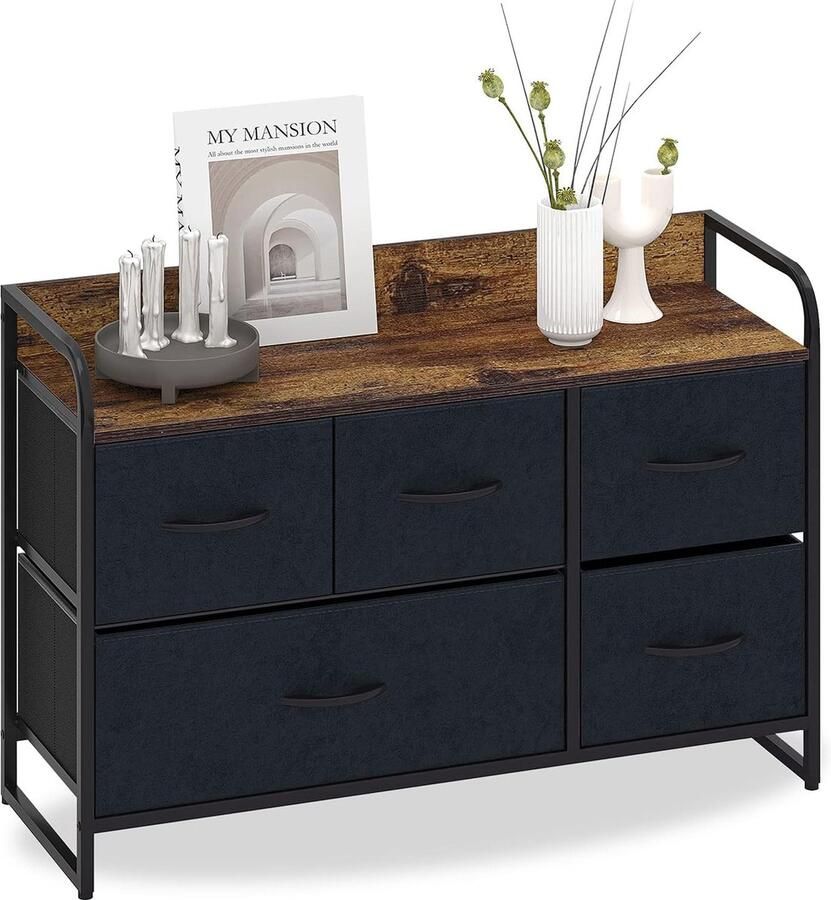 Commode met 5 schuifladen suède stoffen kast laag sideboard vintage highboard metalen kasten organizer tv-kast klein keuken slaapkamer kantoor woonkamer zwart + grijs hout + staal