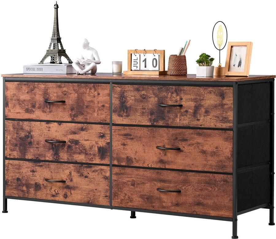 Commode met 6 Lades Tv-Standaard met Opbergruimte Kastlades met Robuust Stalen Frame Stoffen Opbergtoren voor Slaapkamer Gang En Kast Rustieke Look In Bruin