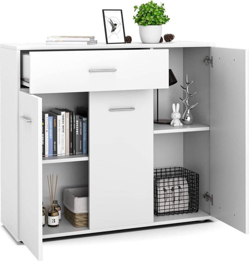 Commode met lade 2 verstelbare planken en 3 deuren multifunctioneel dressoir opbergkast hout voor slaapkamer en keuken 90 x 29 x 82 cm (wit)