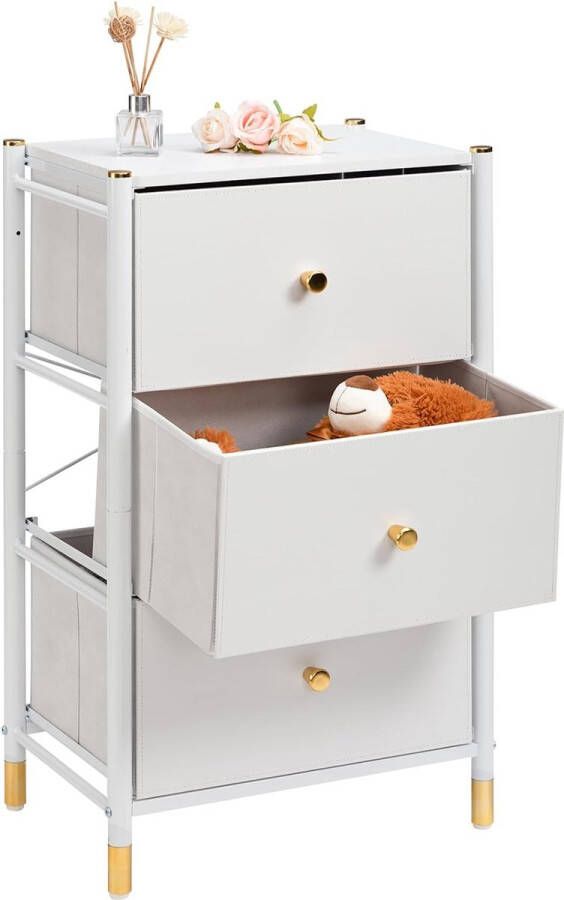 Commode stoffen opbergladen nachtkastje opbergorganizer 3 laden met metalen frame en houten plaat stoffen commode voor slaapkamer woonkamer wit goud