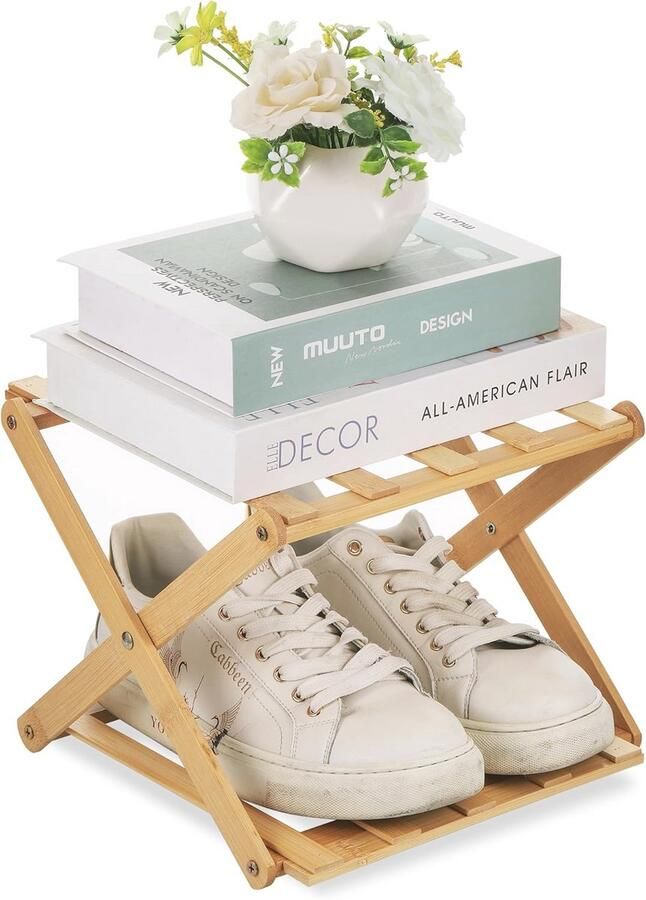 Compact Bamboe Schoenenrek 2-Laags Opvouwbaar Houten Schoenenopslag zonder Installatie