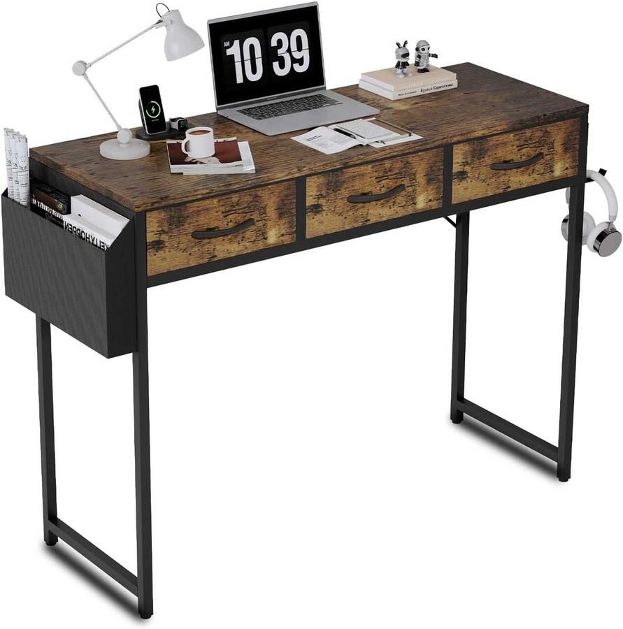 Compact Computerbureau met 3 Laden – 100 cm Inclusief Opbergtas & Hoofdtelefoonhaak Bruin