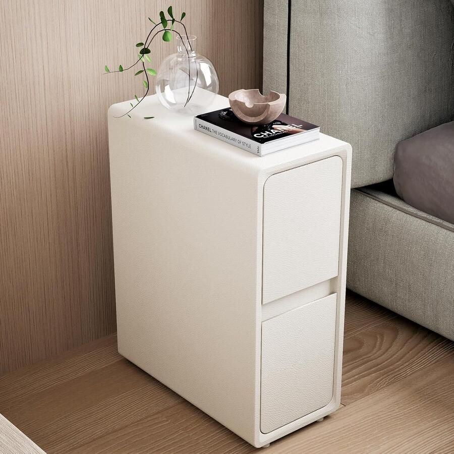 Compact nachtkastje massief hout 1 stuk wit leer 20 x 40 x 50 cm