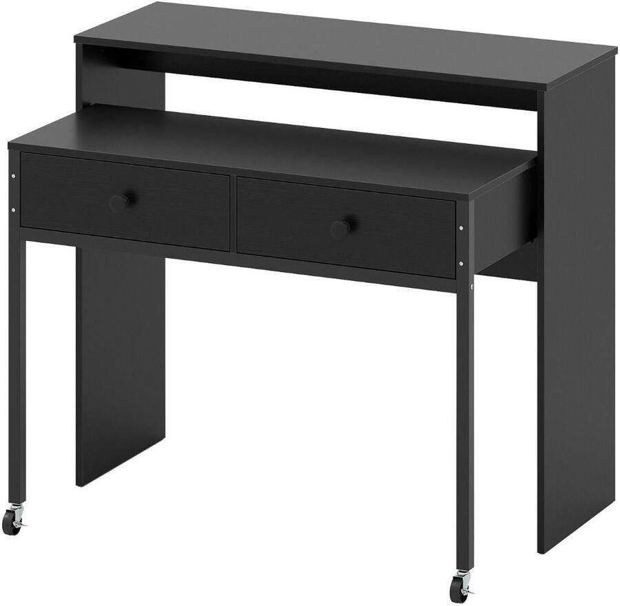 “Compact Opbergbureau – Uitschuifbaar Computerbureau met Lades en Wielen Zwart”