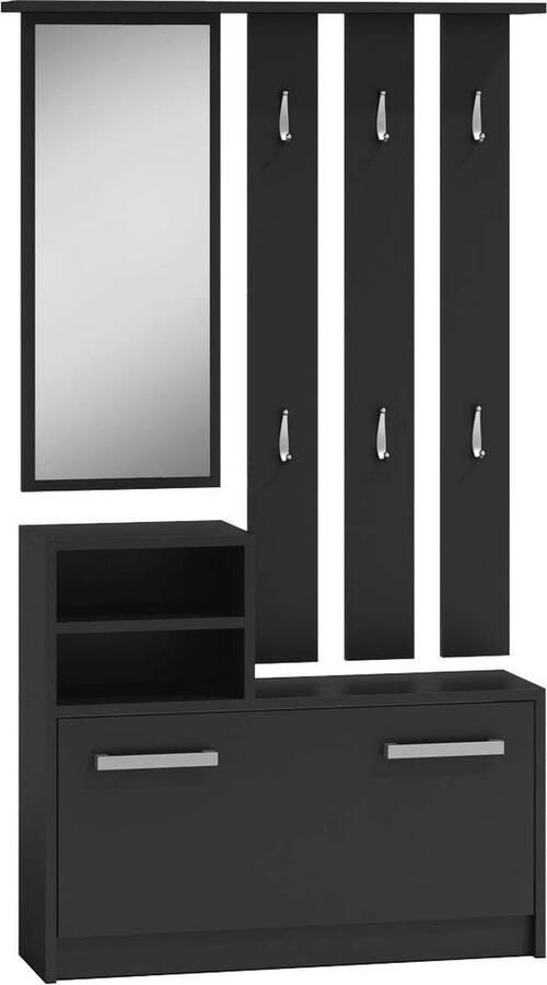 Compacte Garderobe Set voor de Gang met Spiegel en Schoenenkast Modern Halmeubel in Zwart