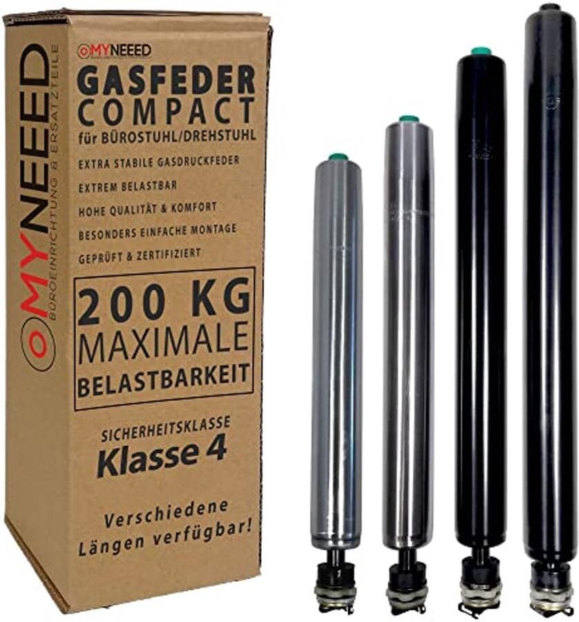 Compacte gasdrukveer voor bureaustoelen Reserveonderdelen tot 200 kg traploos verstelbare hoogte TÜV & GS getest 250 mm lengte