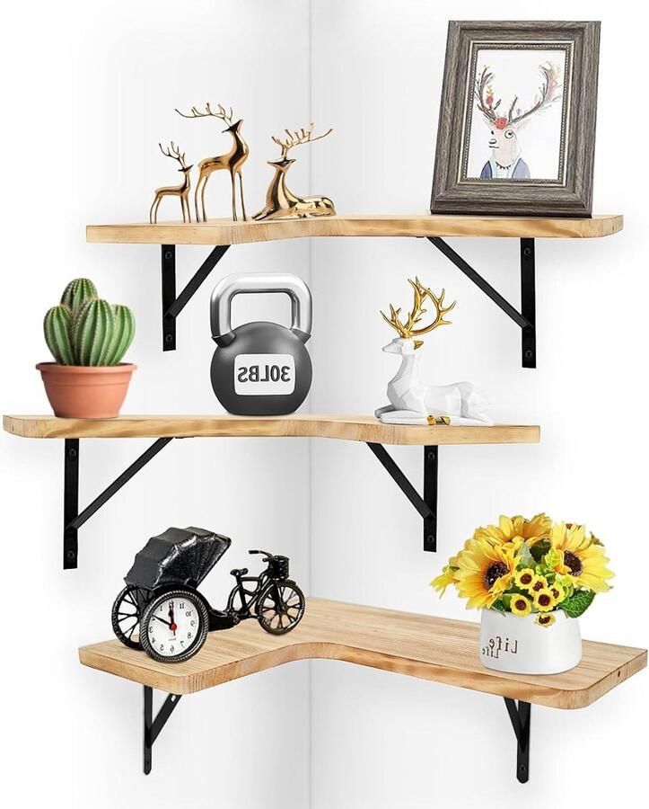 Compacte hoekplank wandrek voor keuken en kantoor 1 stuk grenenhout