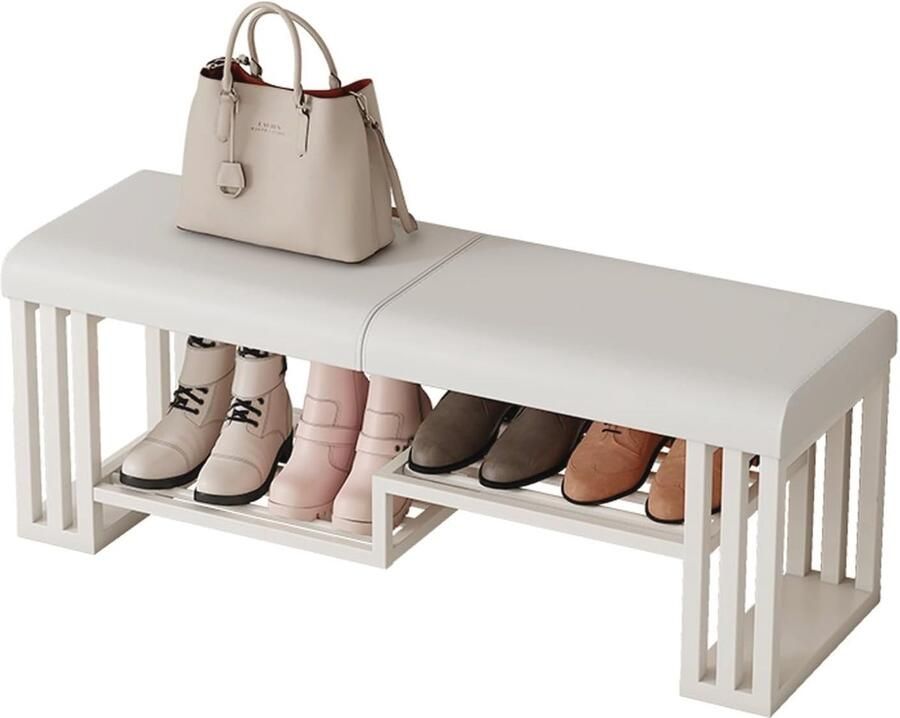 Schoenenopbergbank met Gevoerde Zitting 2-laags Schoenenrek voor Entree Woonkamer en Hal (Wit 80 x 32 x 45 cm)