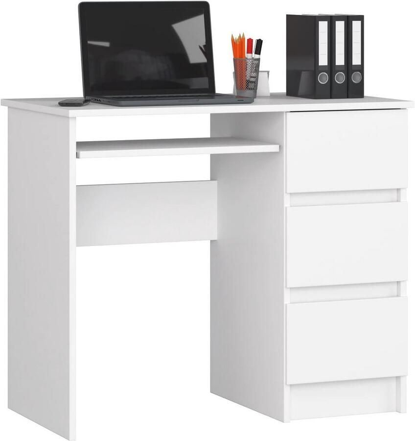 Compacte witte schrijftafel met 3 laden en toetsenbordhouder 90 x 77 x 50 cm