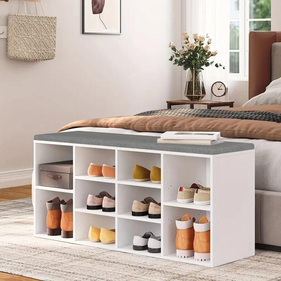 Complete Garderobe Set – Schoenenbank met 10 Vakken Zachte Kussen Zitting & Wandkapstok met 9 Haken – Witte Schoenenkast voor Hal Entree & Slaapkamer