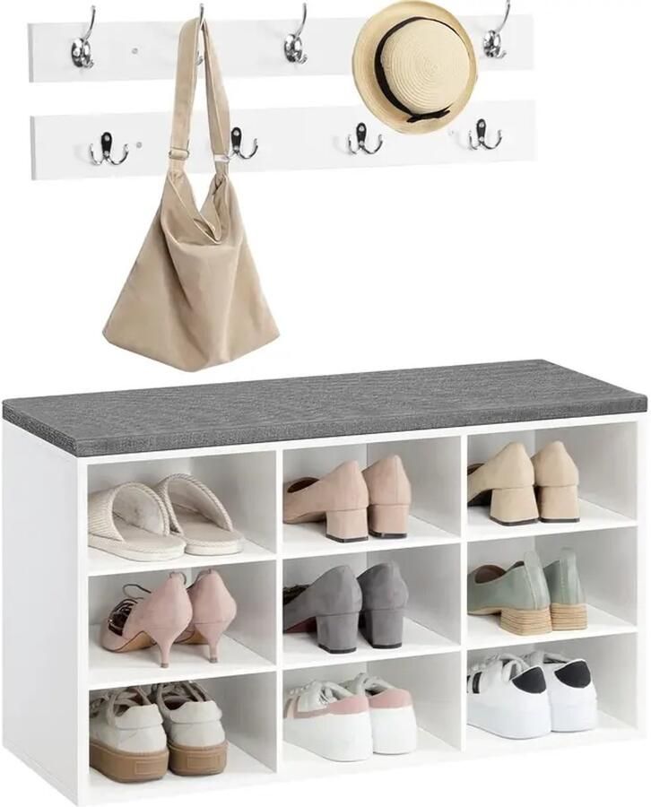 Complete Garderobeset – Schoenenrek met Zachte Bank + Wandkapstok met 9 Haken – Stijlvol & Ruimtebesparend – Voor Hal Entree & Slaapkamer – Wit