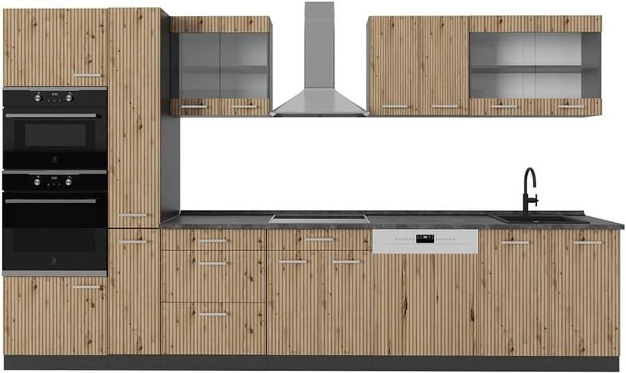 Complete keukeneenheid 350 cm met hoge kast in eiken antraciet